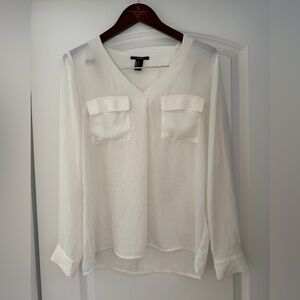 Forever 21 White V-Neck Semi-Sheer Pocket Blouse
